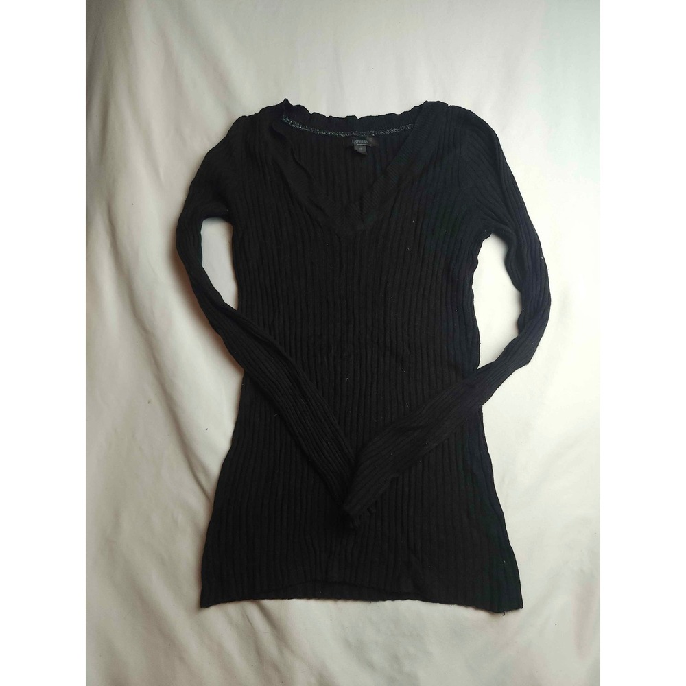 Express Womens Ribbed V-Neck Long Sleeve Sweater Black Size Medium